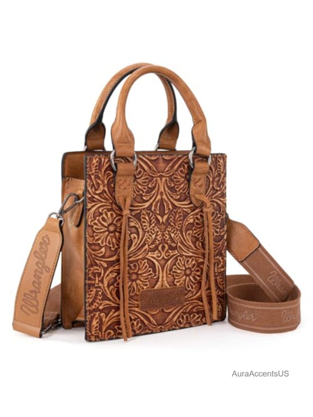 Wrangler Embossed Crossbody Purse Fringe Top Handle Western Mini Tote